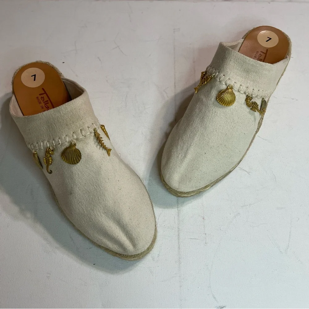 Talbots  Beige‎ Espadrille Mules with Gold Charms